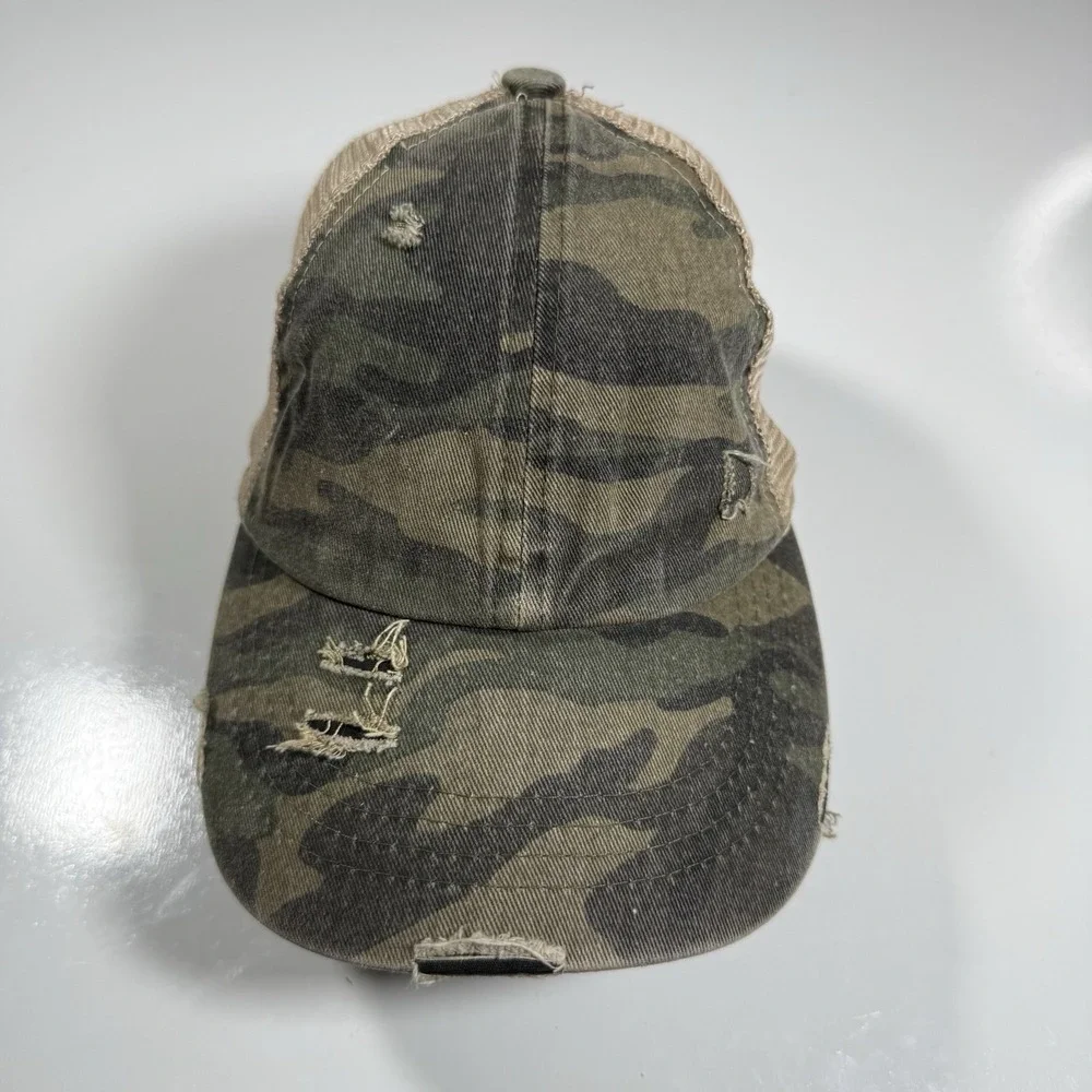 C.C Exclusives Distressed Camo Criss-Cross Ponytail Baseball Hat Tan Mesh Back